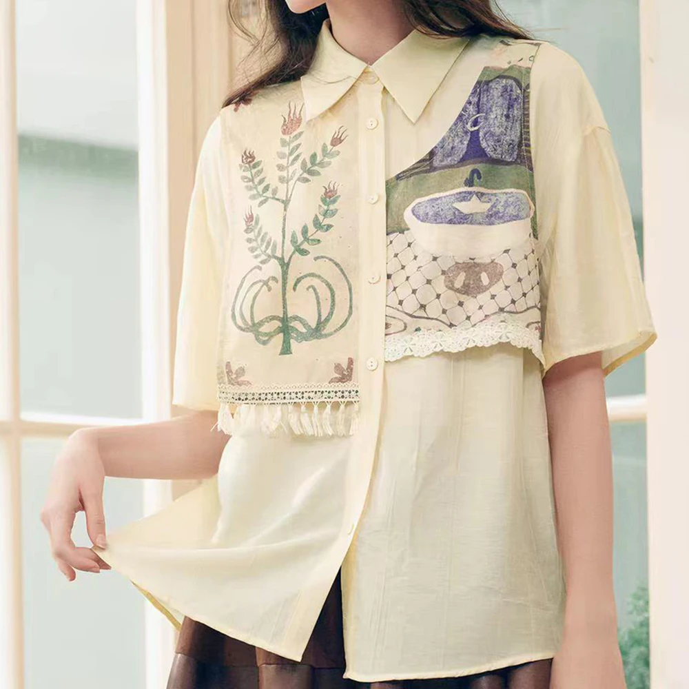 2026 summer new ethnic style lace fringed asymmetric printing splicing  shirt women  roupas femininas atacado barato