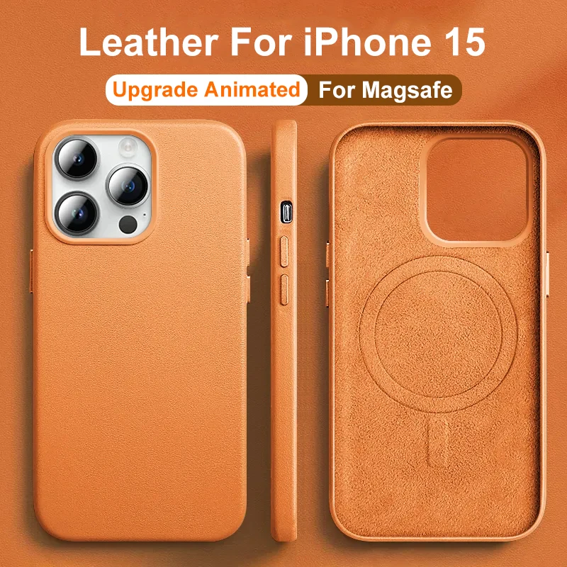 

Роскошный кожаный магнитный чехол Magsafe для iPhone 15 14 13 Pro Max Plus Mini с анимацией, Зарядные чехлы для телефонов, аксессуары