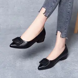 Women Low Heel Shoes Soft Pu Leather Shallow Pointed Toe Comfort Mother Pumps Thick Heels Ladies Work Small Casual Leather Shoes