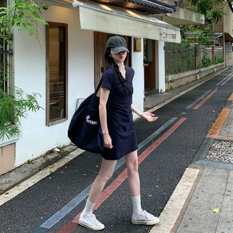 

Fashion V-Neck Folds V-Neck Slim Dresses Women's Clothing Solid Color Summer Short Sleeve Korean Aura Waist A-Line Mini Dress