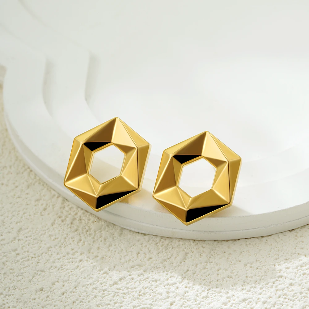 Minimalist Hollow Geometric Symmetry Gold Color Earrings Waterproof Chunky Star Ear Hoops PVD Huggie Vintage Jewelry Rust Proof - view 4