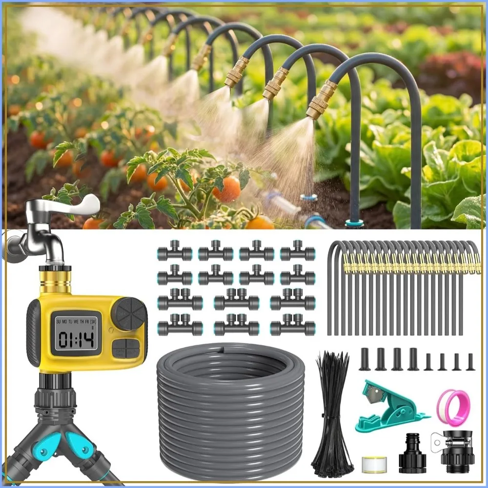 98ft Drip Irrigation System Kit with Smart Water Timer, 360° Adjustable Copper Nozzles for Garden, Yard, Lawn, Greenhouse