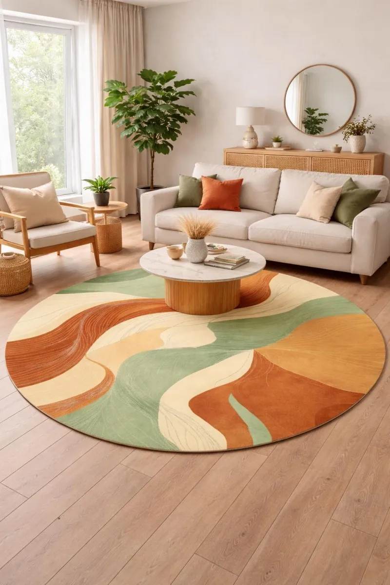 Abstract Round Area Rug Mid Century Sage Green Line Printed Circular Carpets Non Slip Washable Modern Sofa Bedroom Decor