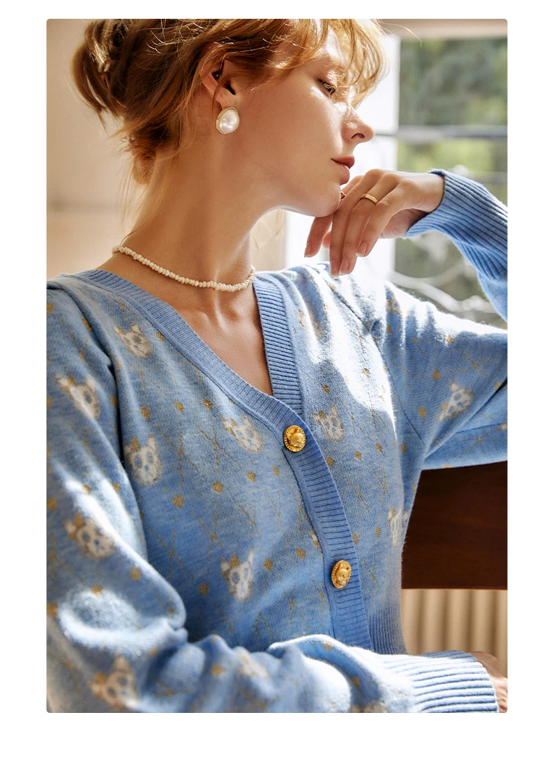OLrain Women Cardigan Knitted Sweater Dress 2025 Spring Fashion Blue V-Neck Long Sleeve Dress Daily Commuting Attire E56QL58109