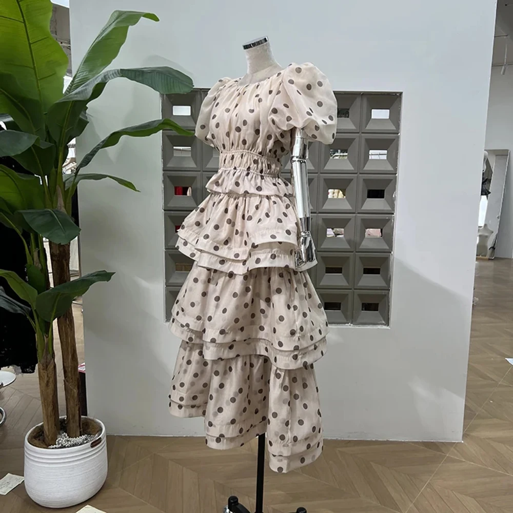 TWOTWINSTY – ensemble deux pièces à pois pour femmes, col rond, manches courtes, taille haute, jupe de tempérament