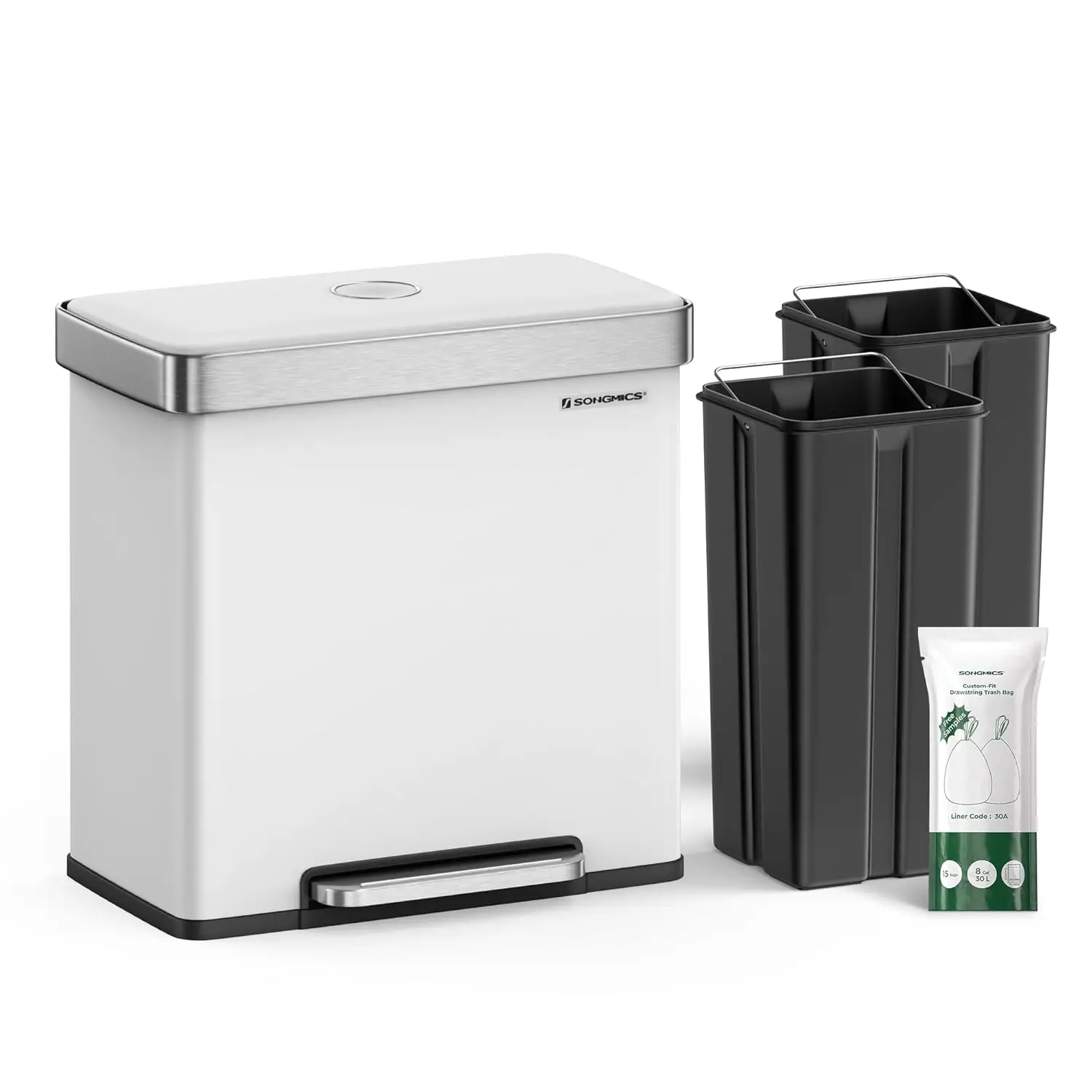 SONGMICS Kitchen, 16 Gallon (2 x 8 Gallon) Dual Compartment Garbage Can, 60L Pedal Recycling Bin,