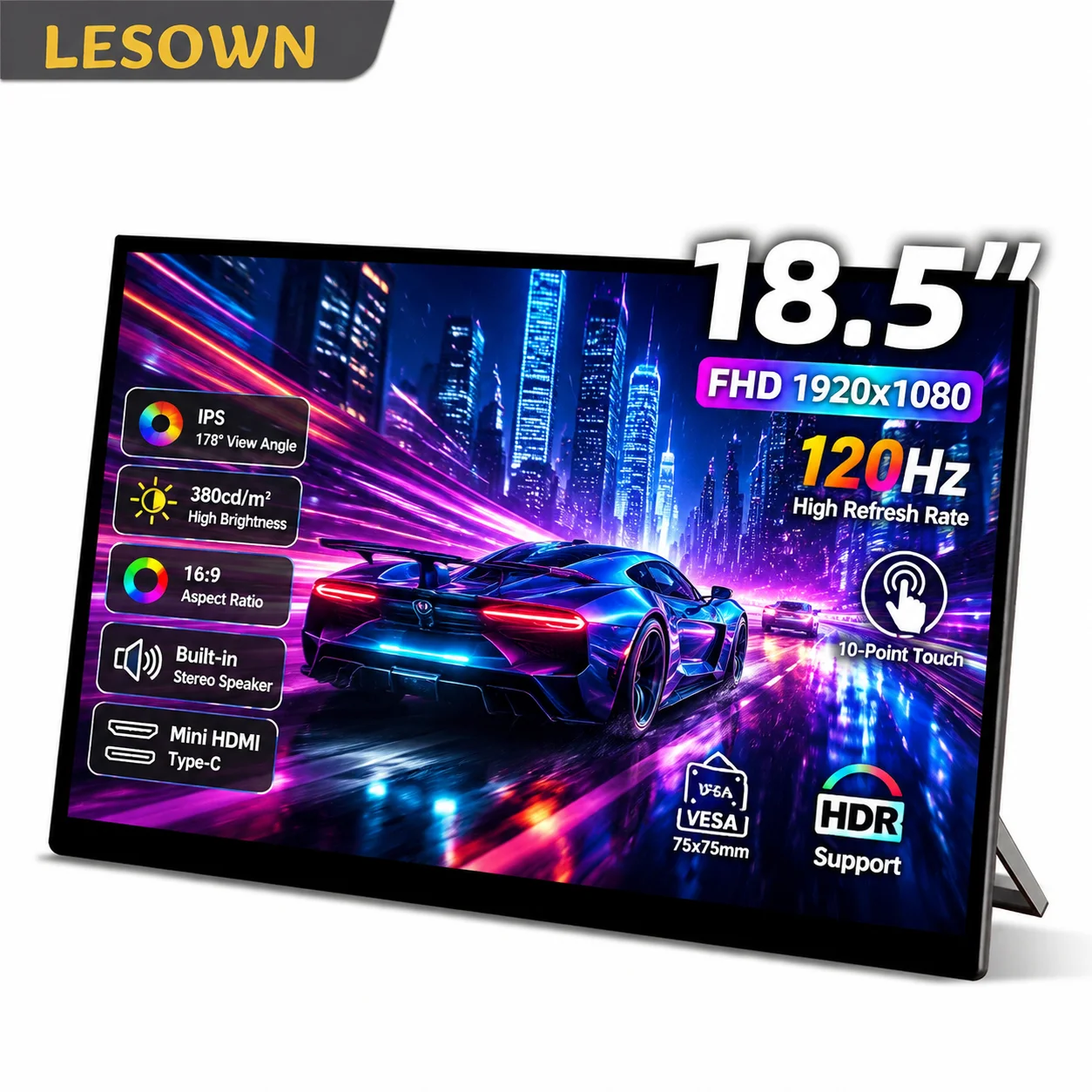 LESOWN 18.5-inch Laptop Screen Extender 10-Point Touch Instant Connection Mobile Monitor VESA 75 for Windows Notebook