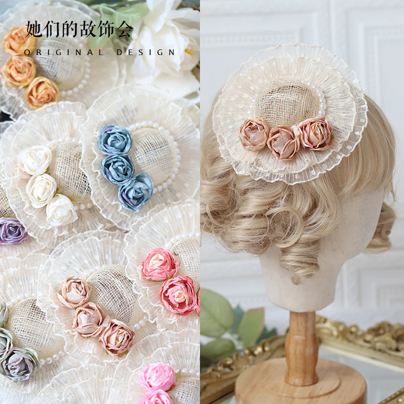 

Lolita Handmade Flat Hat Accessories Small Cla Roses Small Straw Hat Hairpin Girl Lolita Headdress for Women