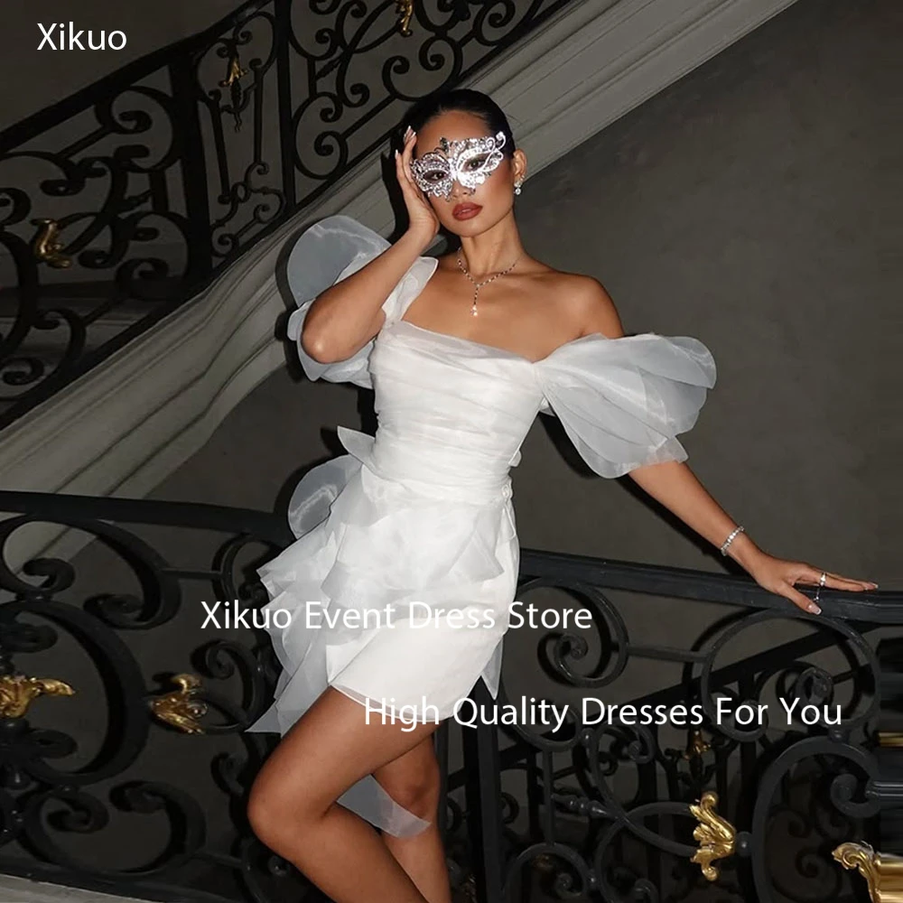 Xikuo Abiti da sposa corti in organza sexy sopra il ginocchio Abiti da sposa Donna Cocktail Maniche a sbuffo Robe De Mariée Personalizzato