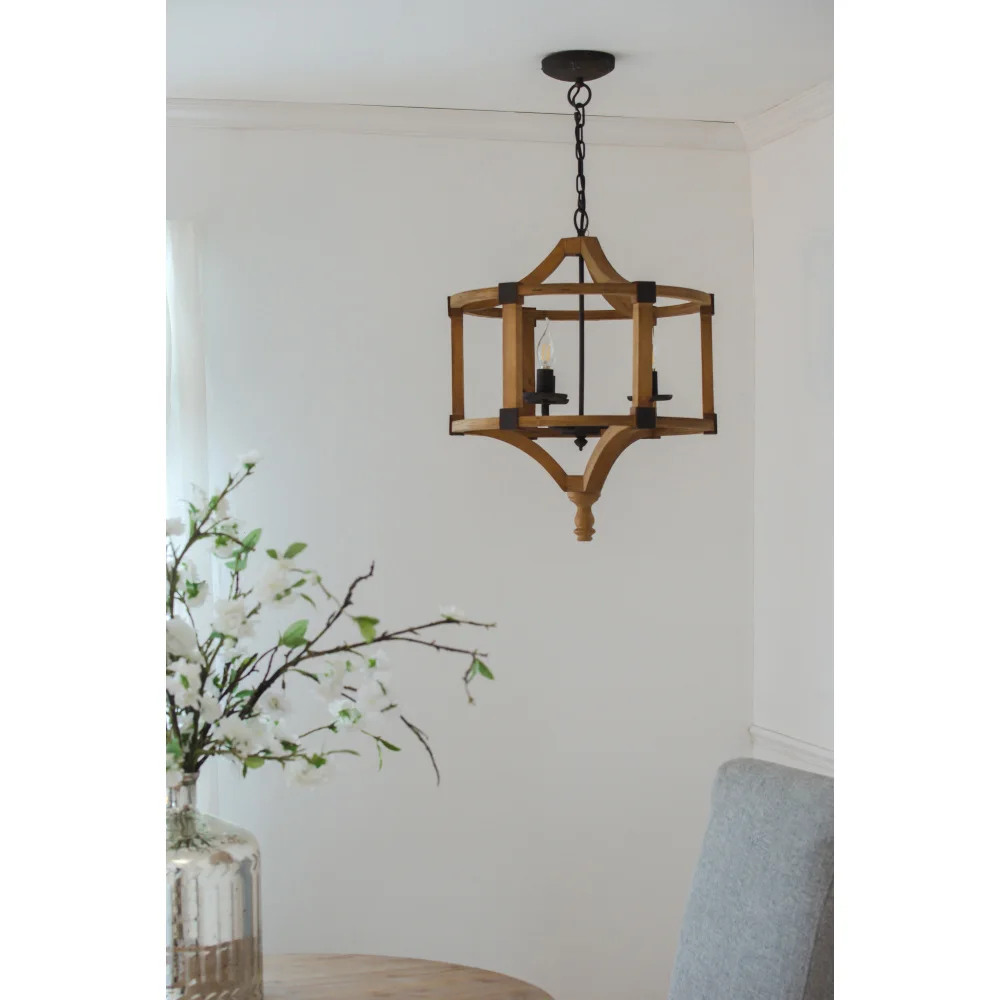 

3 - Light Wood Drum Chandelier, Hanging Light Fixture with Adjustable Chain for Kitchen Dining Room Foyer Entryway