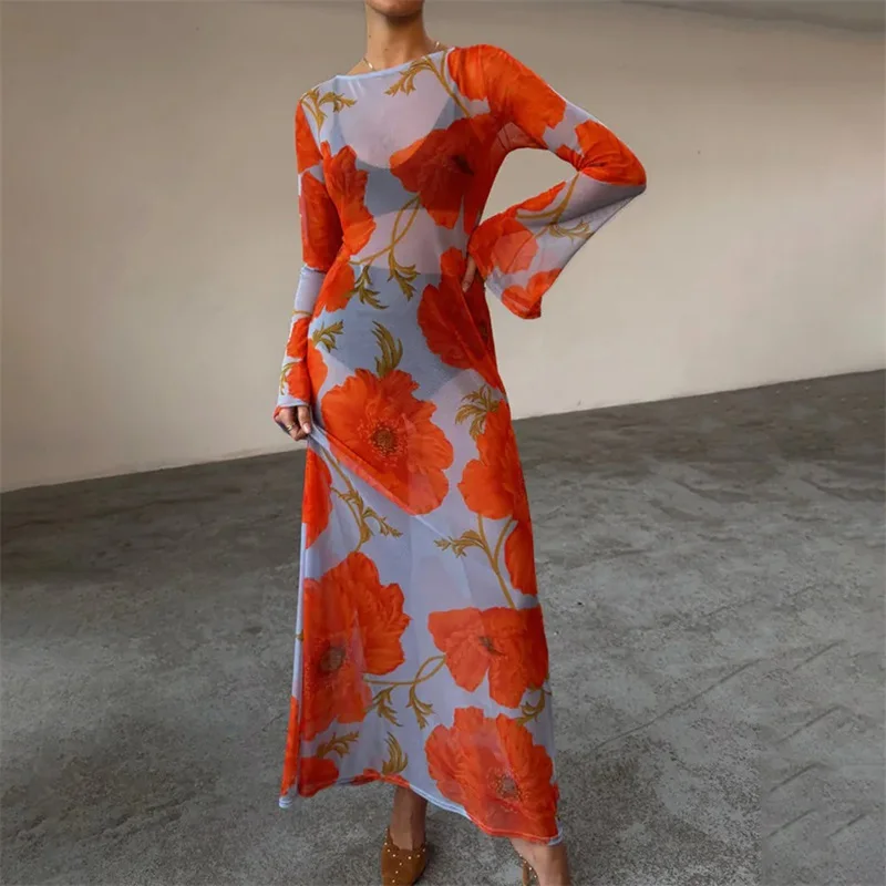 

O-Neck Printing Women's Evening Dress Loose Sleeve Sheer Bandage Gown Casual Temperament Blue Red Party Skirt Newest In Stock