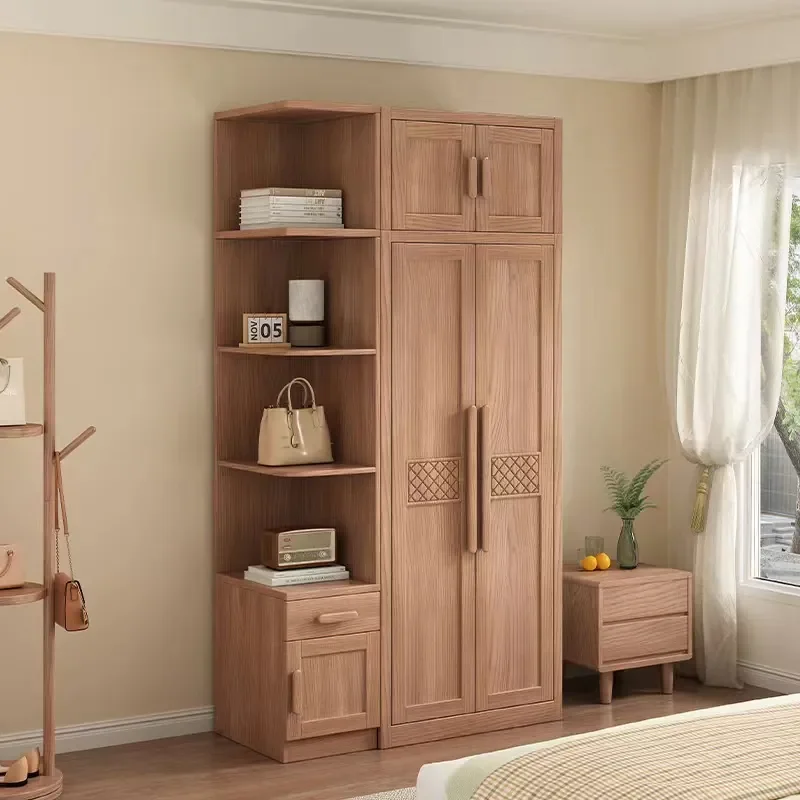 Modern Solid Ash Wood Wardrobe for Home Bedroom with 2 3 4 5 or 6 Doors Top Cabinet Side Cabinet and Large Storage Folio