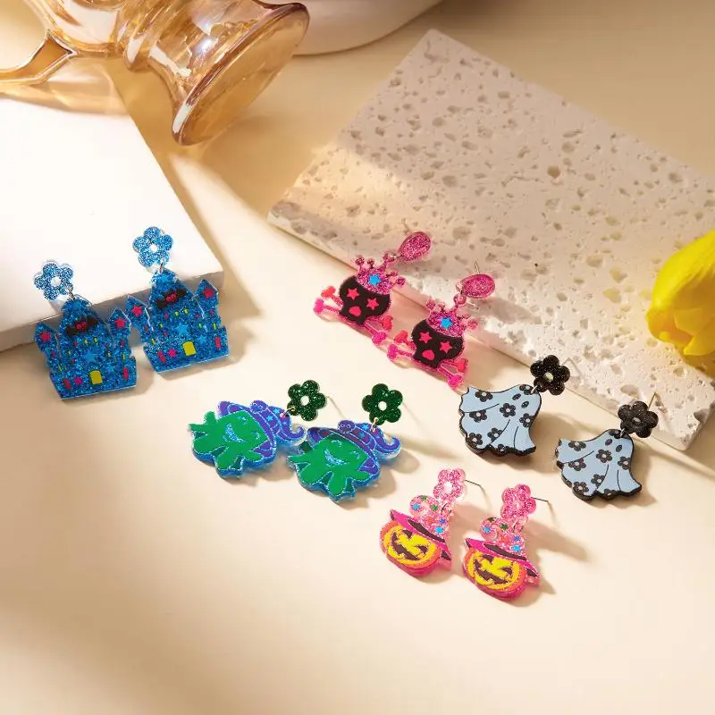 الأزياء الاكريليك الملونة هالوين وأقراط شبح اليقطين الجمجمة القلعة الراتنج استرخى الأذن قطرة النساء المجوهرات هدية #3