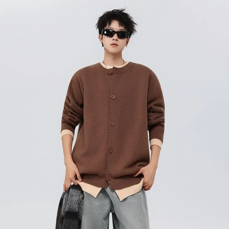 

Цветной блуз, искусственный двухсекционный открытый кардиган, свитер, мужской зимний корейский вязаный топ для пар