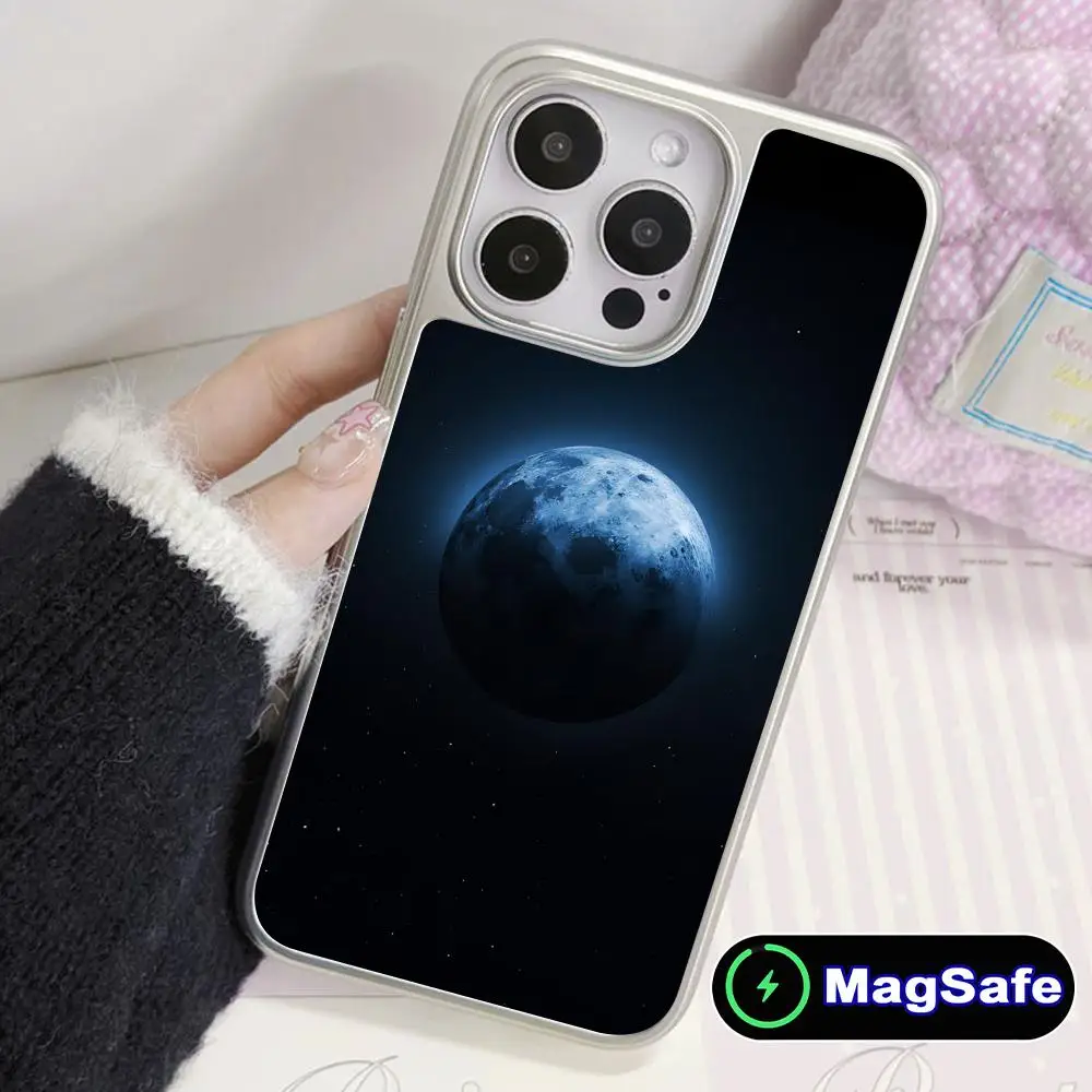 Moon Aesthetic Mobile Phone Case for iPhone 17 16 15 14 13 12 11 Air Pro Max Plus Magsafe Silver Plating Colorful Cover Luxury