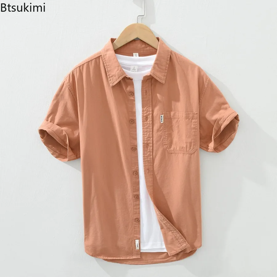 New 2025 Men's 100% Cotton Shirt Tops Loose Casual Shirt Coats Summer Trend Short Sleeve Solid Versatile Blouse Cardigan Male