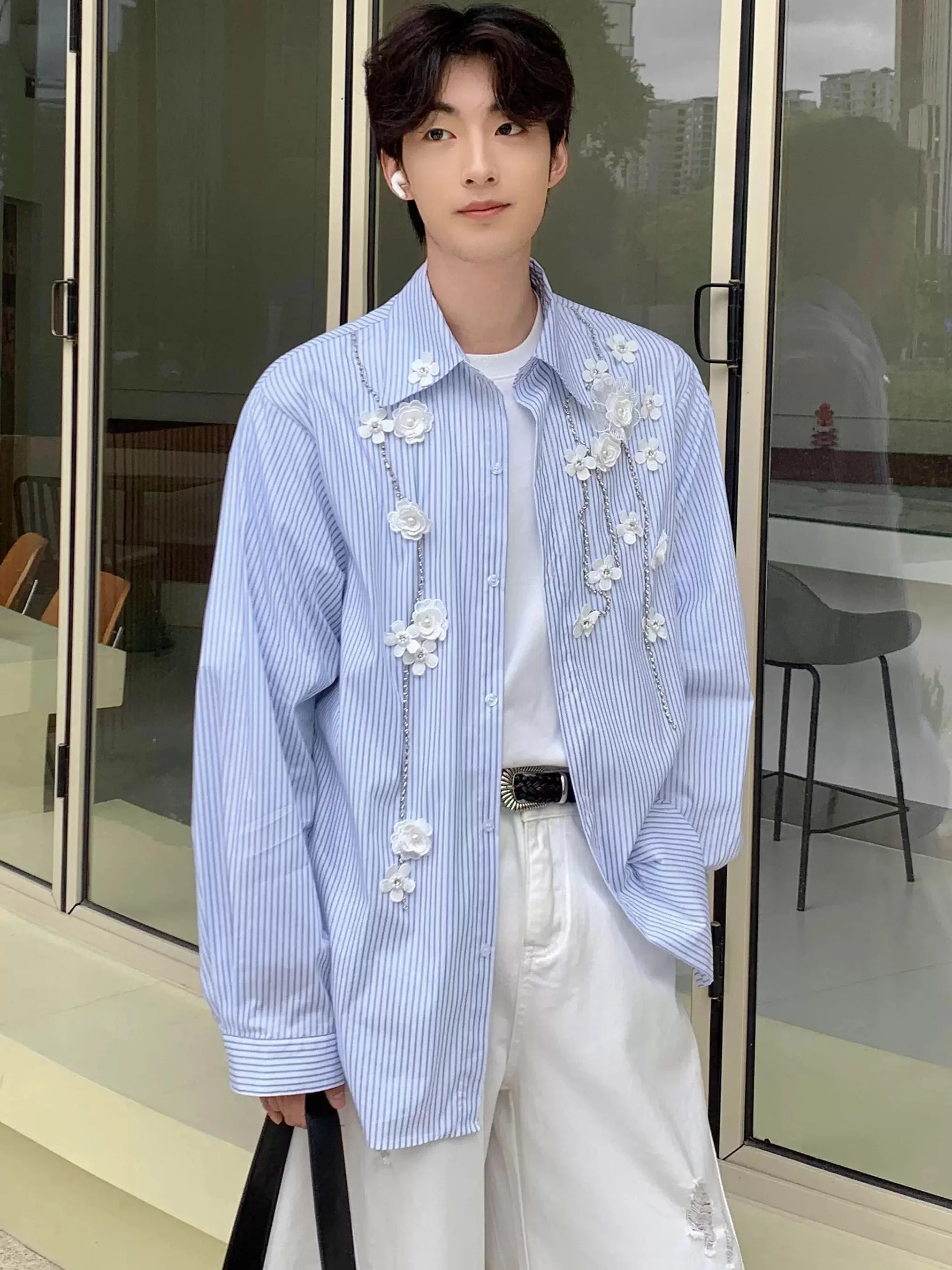 

Handmade Blue Striped Long Sve Men's irt Faionable 3D Embroidery Design Premium Korean Sle Lightweight Luxury S...