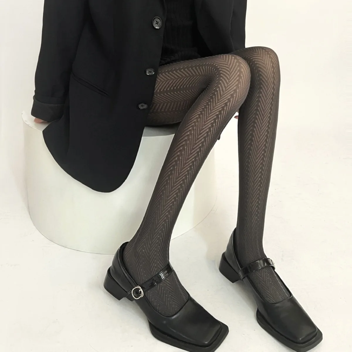 

Autumn Retro Geometric Jacquard Velvet Women's Pantyhose Grey Fold Line Stripes Hollow Out Fine Mesh Lolita Tights