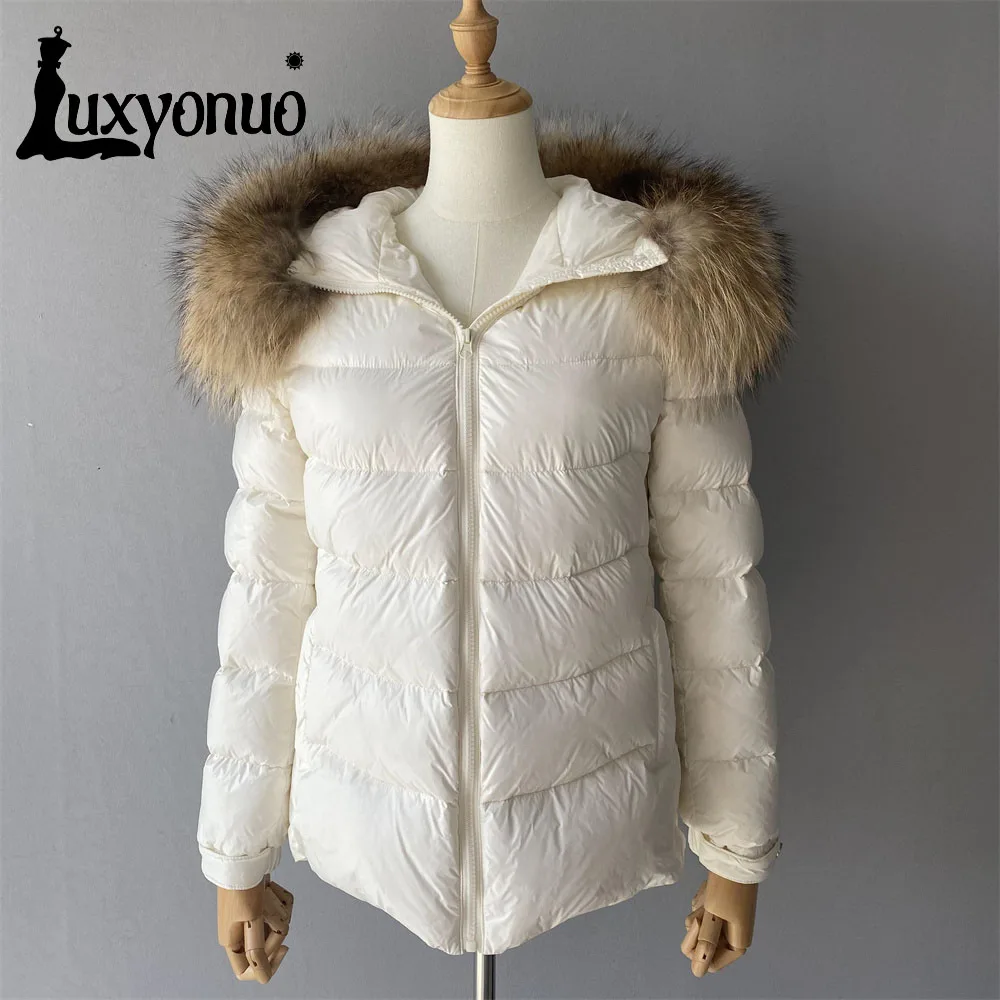 

Luxyonuo Women's Winter Down Jacket With Real Raccoon Fur Collar White Duck Down Thicken Warm Coat Hooded Solid Color Outerwear