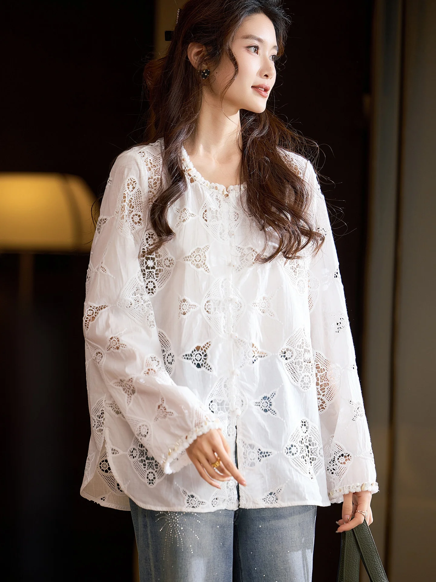 

Pure Cotton White Lace Hollow out Women's Shirt Spring New Style Street Fashion Breathable Comfortable Long Sleeve Button up