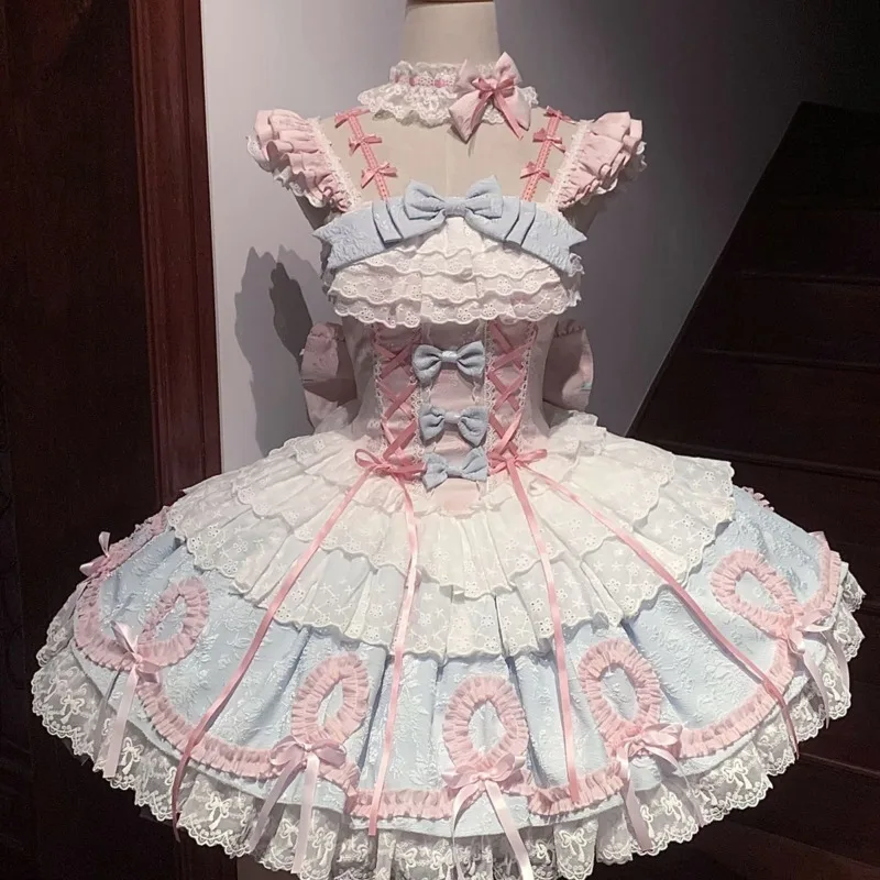 Vestidos de renda arco y2k jk original lolita jsk borboleta doce azul rosa em camadas plissado espartilho roupa princesa festa cosplay novo