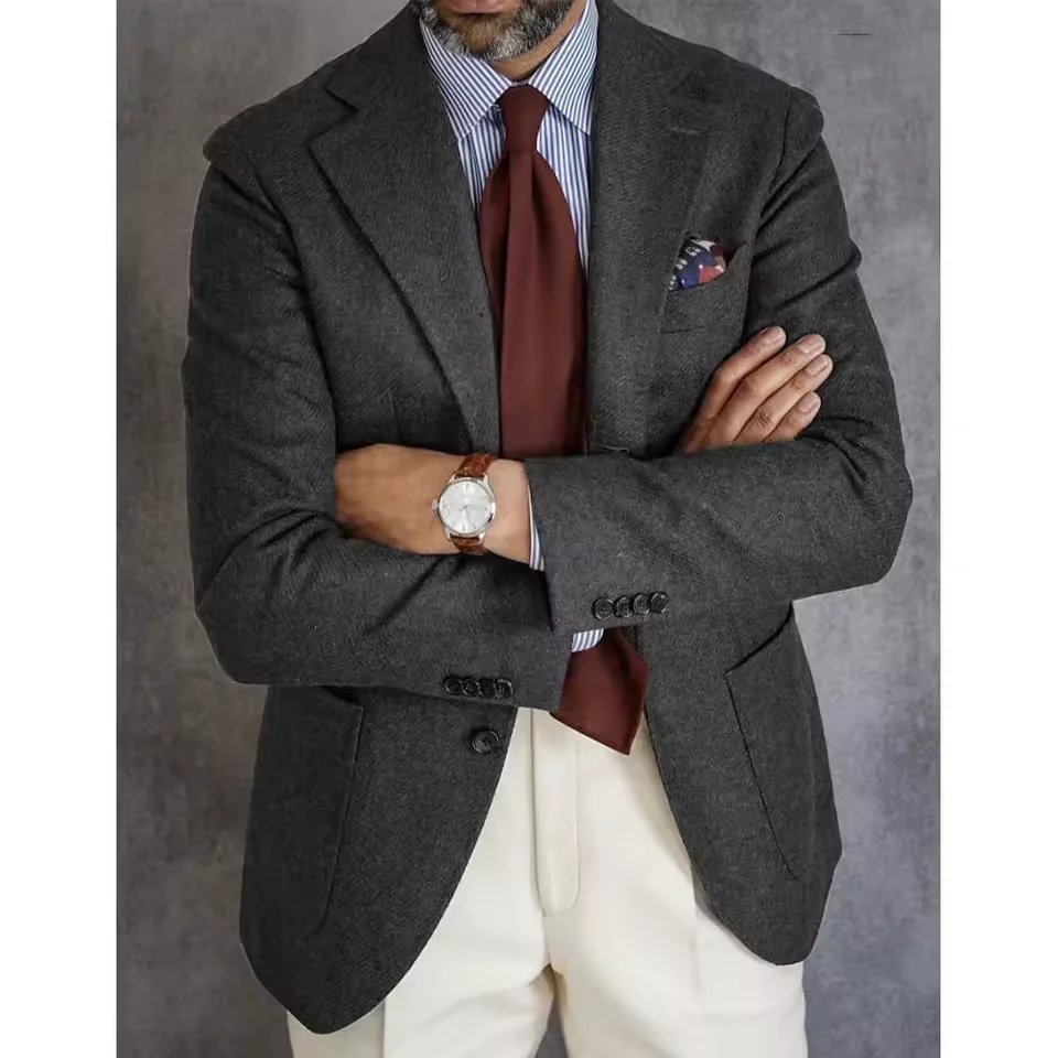 

Mens Herringbone Blazer Single Breasted Slim Fit Suit Jacket Business Casual Coat Modern Fashion Tweed Wedding Dinner Jacket Out