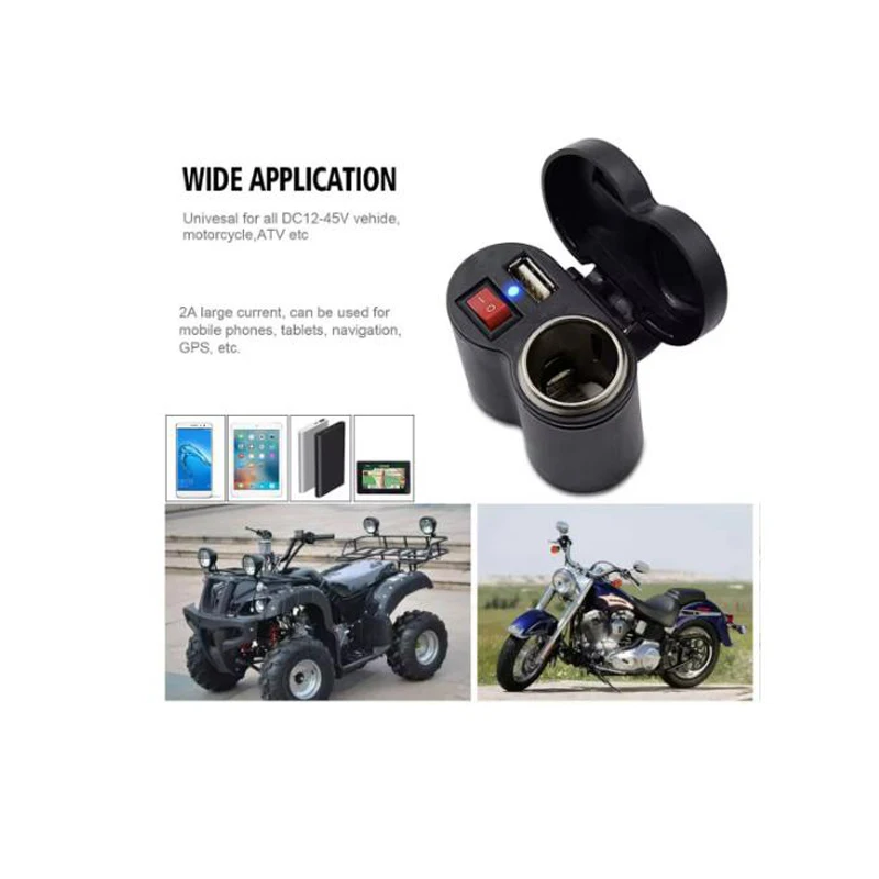 12V Motorcycle Dual USB Charger with Switch, Waterproof Cigarette Lighter Socket, Motorcycle Handlebar Clamp