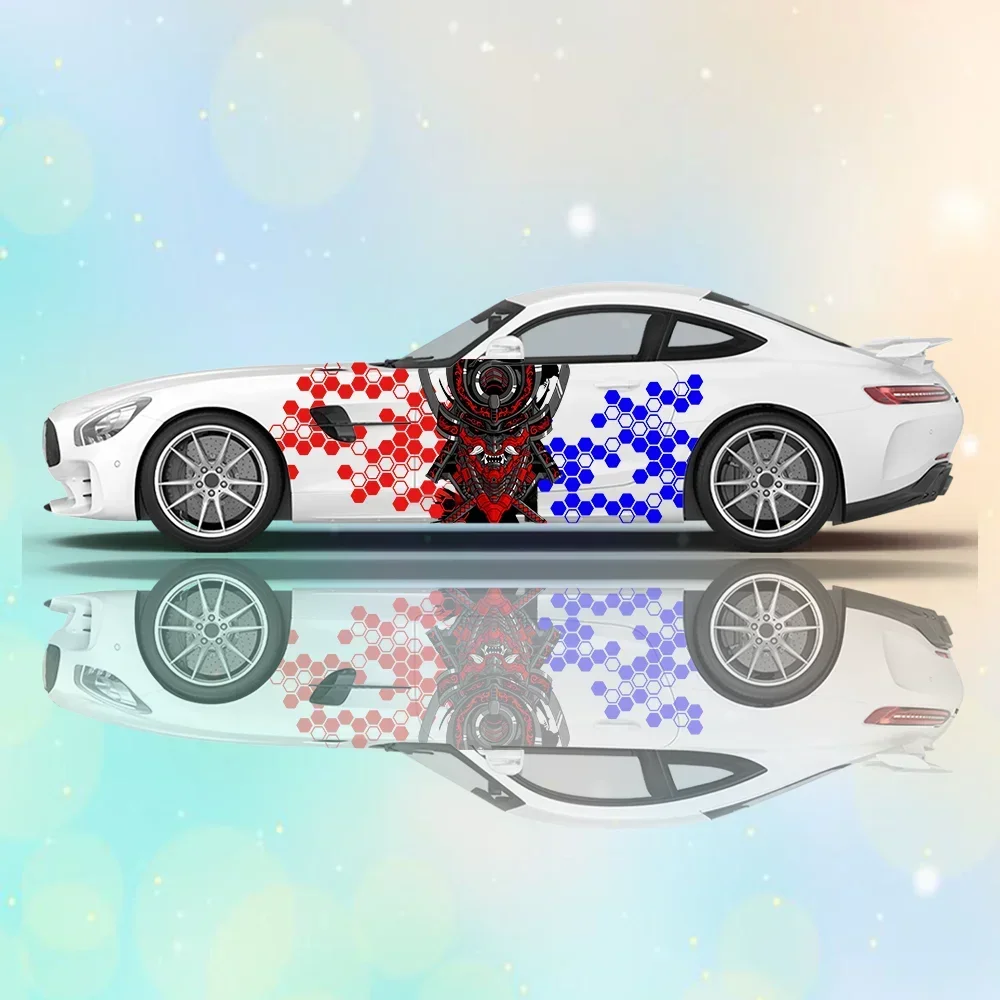 

Hexagonal Devil Mask Print Car Side Sticker Decoration Protection, Waterproof Self-adhesive Decal Auto Accessories Wrap Cover
