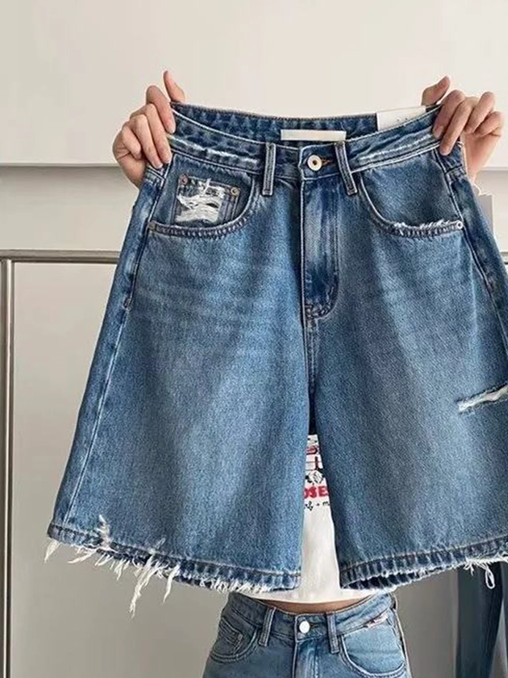 Shorts de mezclilla retro rasgados para mujer, novedad de verano, holgados, de cintura alta, corte A, rectos, pantalones capri.