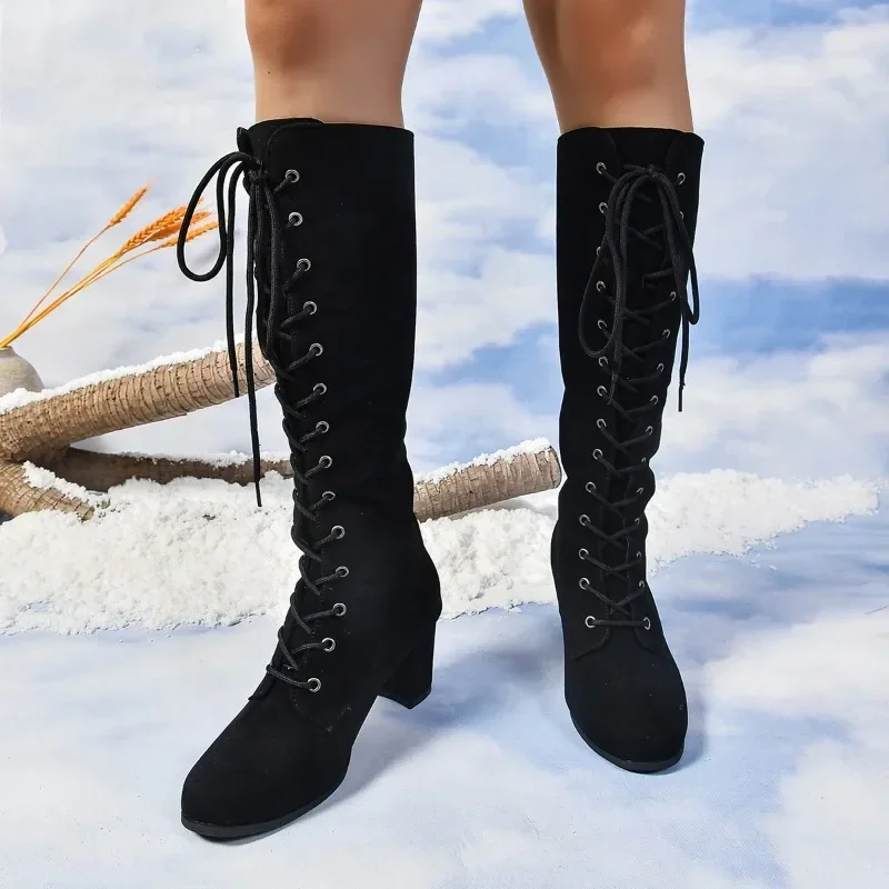 Comemore Shoes for Women Classic Style Cross-laced Winter Women\'s Boots Casual Fashion Thick Heel Brown Long Boots Zapatos Mujer
