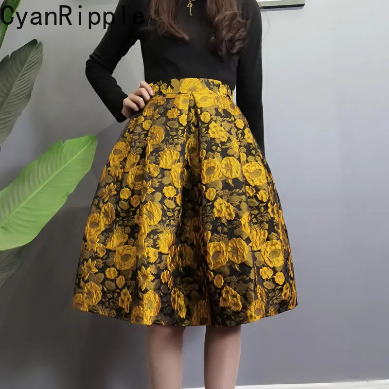 Hepburn Style New Spring Autumn Yellow Jacquard A-line Skirt Women Elegant High Waist Mid-length Casual Female Ball Gown Skirts