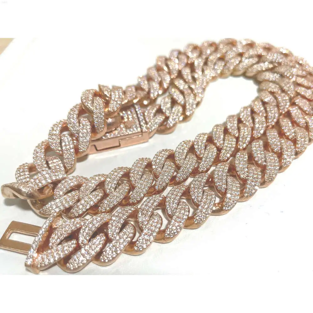 High Quality Customized 18 Mm Cuban Link Moissanite Diamond Chain 925 Sterling Silver Rose Gold Diamond Chain