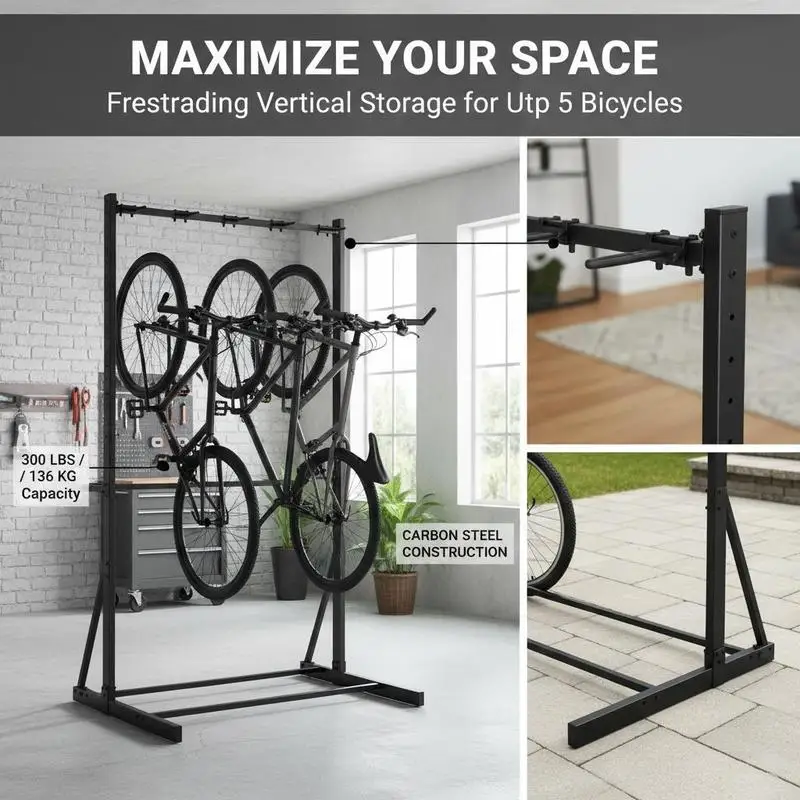 Support mural pour 5 vélos, support solide en acier carbone avec 5 crochets, capacité de charge de 136 kg, design gain de place pour garage, jardin ou abri – Noir