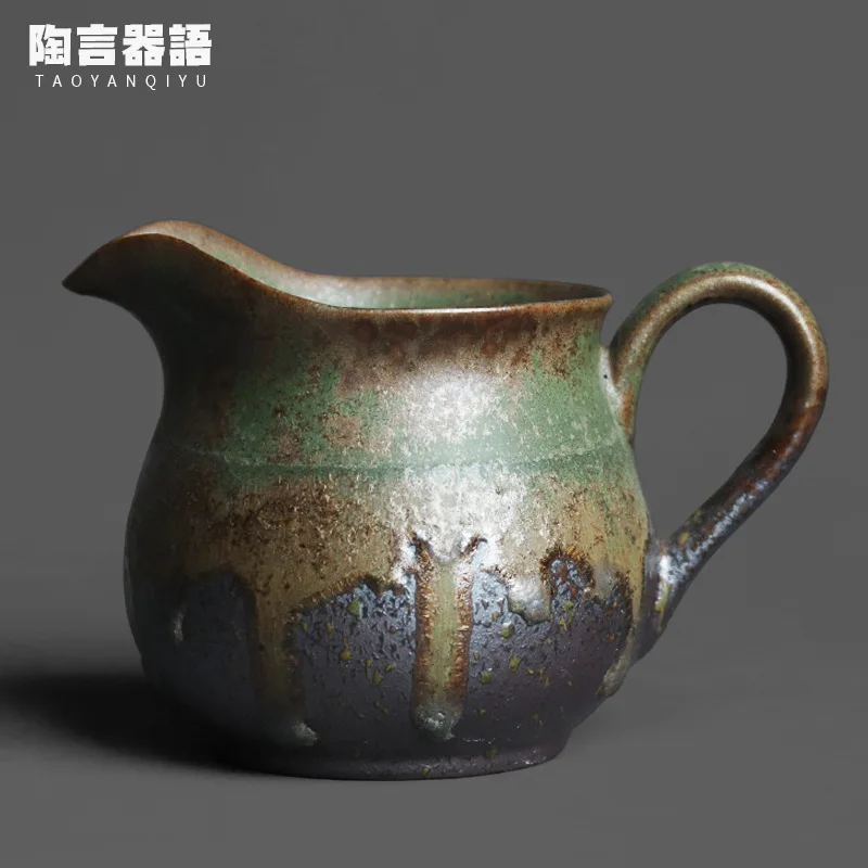 Retro wood-fired bronze green glaze hand-held evenly divided tea cup retro pottery handmade personality wide mouth fair cup