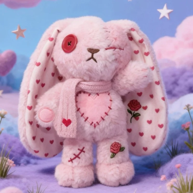 Plushie Dreadfuls Pink Stitched Plush Bunny Embroidered Rose Heart Scarf Long Ear Collectible Toy Surprise Gift For Girls