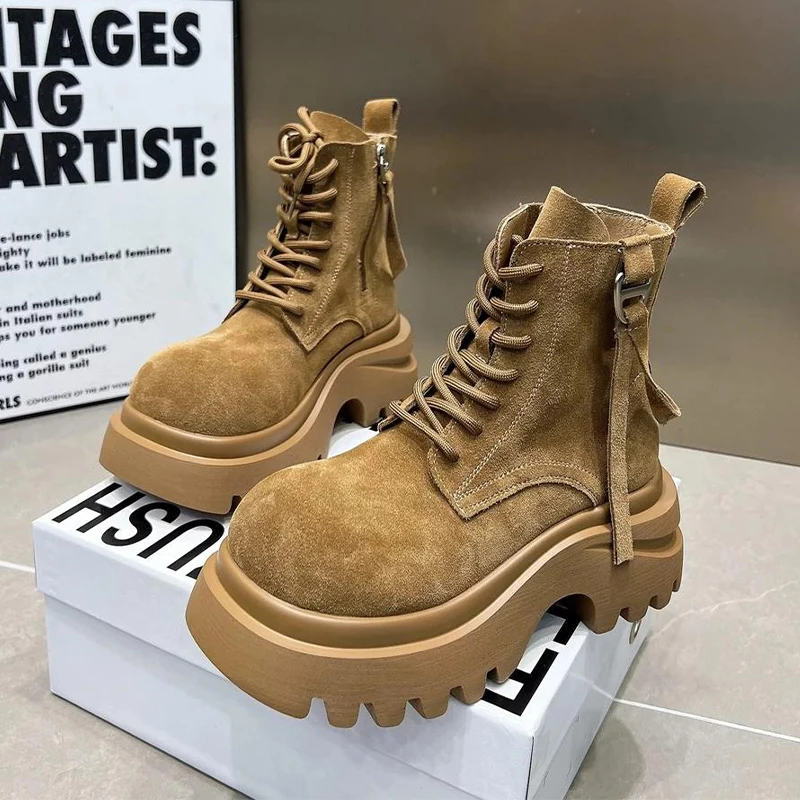 Wohnungen Plattform Frauen Stiefeletten Wildleder Mode Winter Schuhe Designer Lace Up Sport Stiefel 2025, Casual Chelsea Botas Damen Schuhe