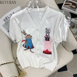 2024 Summer New V-neck Cartoon Rabbit Embroidery Knit Cardigan Woman Sweaters White Fashion Short-sleeved Knitwear Top Women