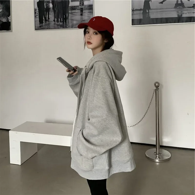 Women Simple Loose Casual Solid Color Hoodies Black Grey Vintage Oversize Sweatshirts Spring Autumn Sport Jackets Korean Fashion