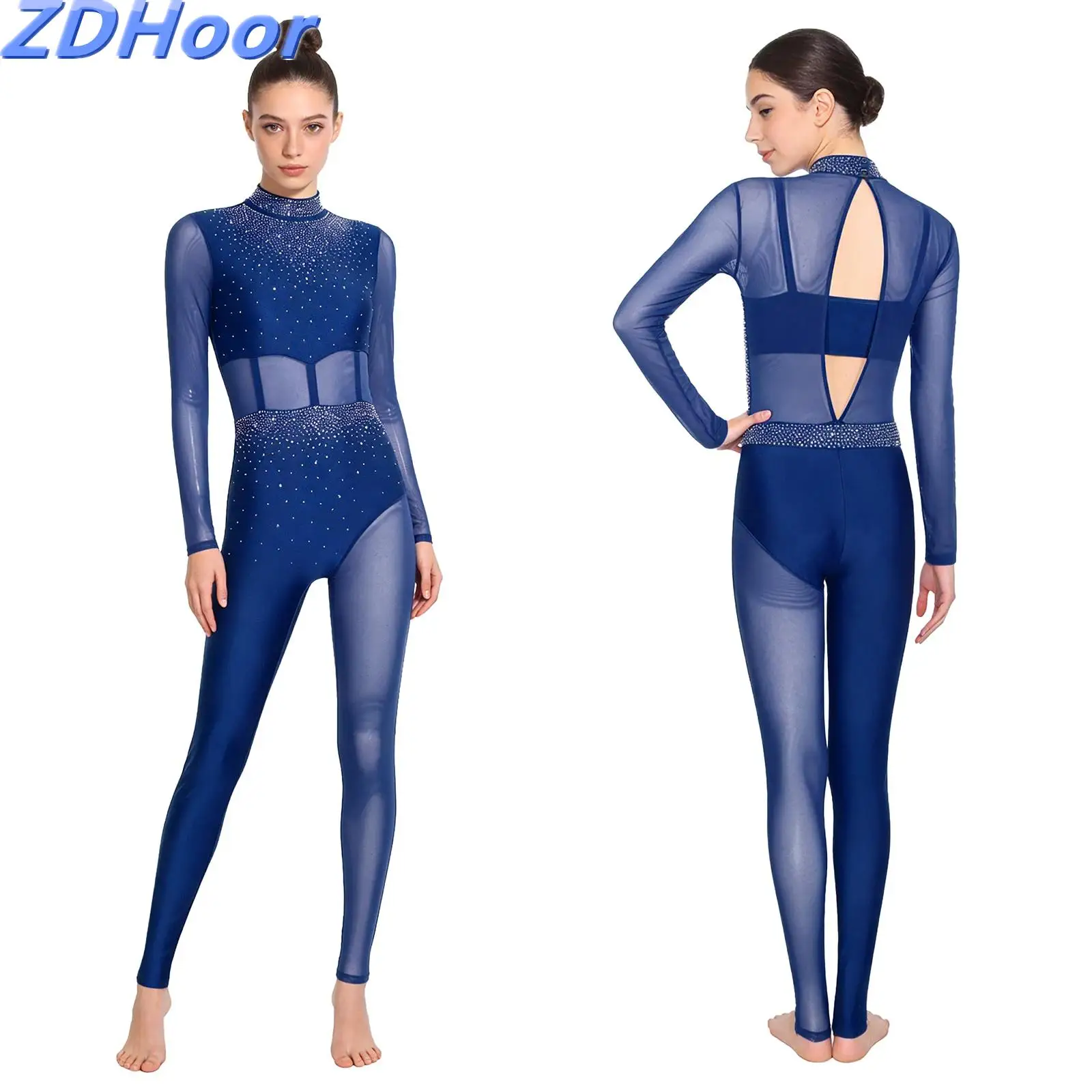 

Womens Figure Skating Bodysuit Rhinestone Sheer Mesh Patchwork Cutout Back Full-body Jumpsuit for Gymnastics Performance