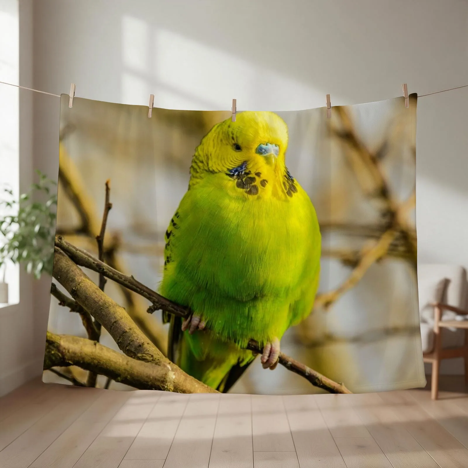 Green Budgie Parakeet Throw Blanket couch cozy soft plush fuzzy picnic outdoor blanket