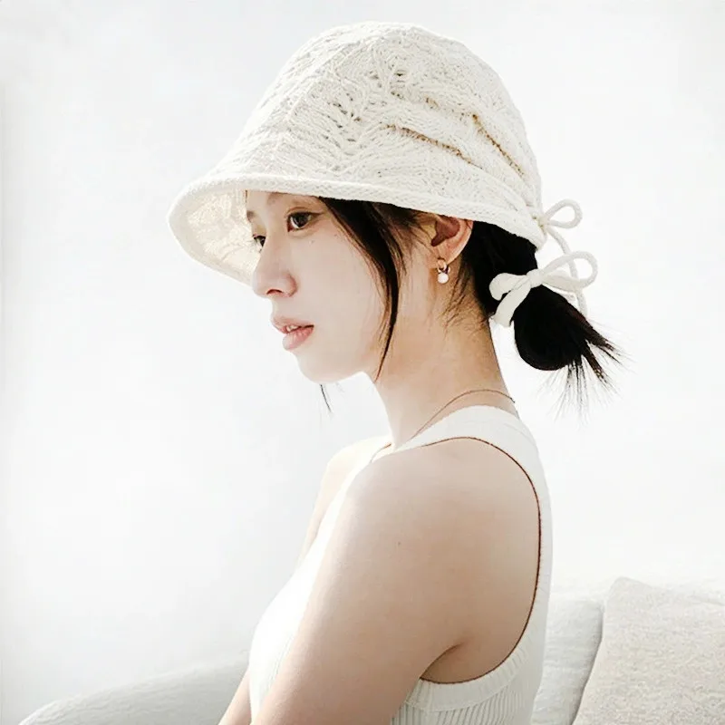 Korean-style Irregular Brim Hollow Woven Bucket Caps Women Spring Summer Versatile Drawstring Sunshade Fisherman Hat