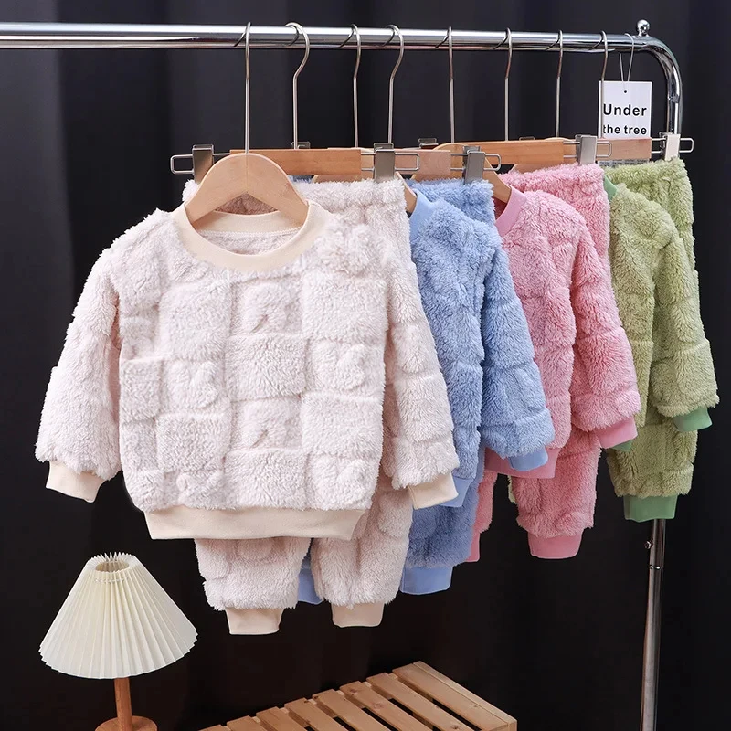 Autumn Winter flange Sleepwear Girls Boys Long Sleeve Home Clothing Baby Kid Sleep Costume Tops+Pants Suits 0-5Y