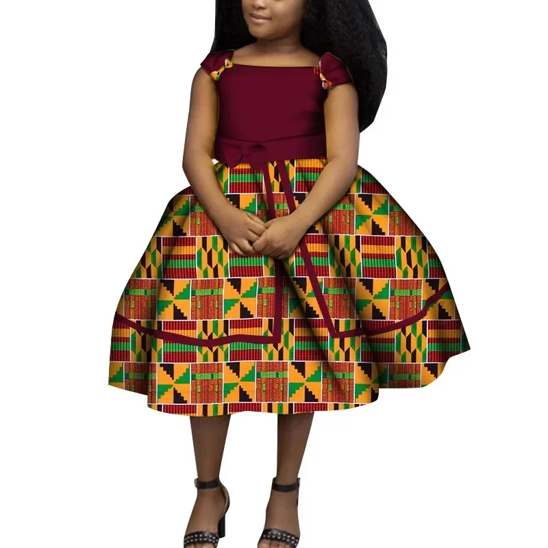 

Lovely Girls Dresses Bazin Riche African Print Bow Tie Cute Ankara Dresses for Kids Children African Clothing Party Dress WYT525