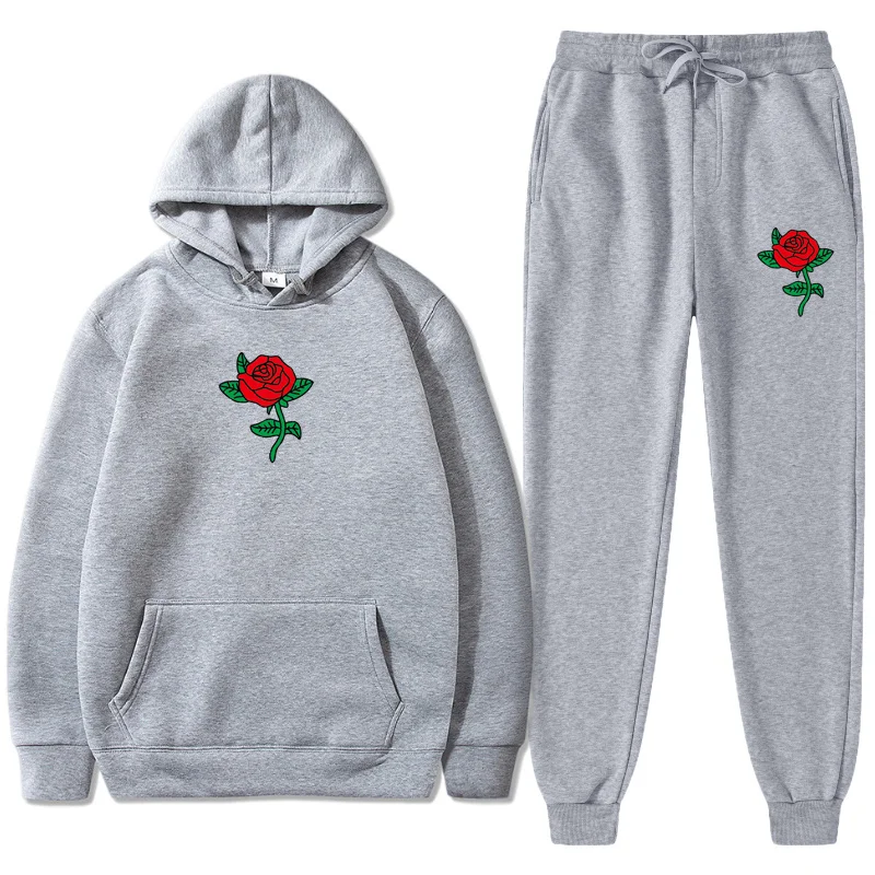 2-piece Sets Hoodies Sweatpants Suits Rose Flower Print Tracksuit Men Women Sweatshirt Suit Fleece Pullover Hoodie Jogging Pants