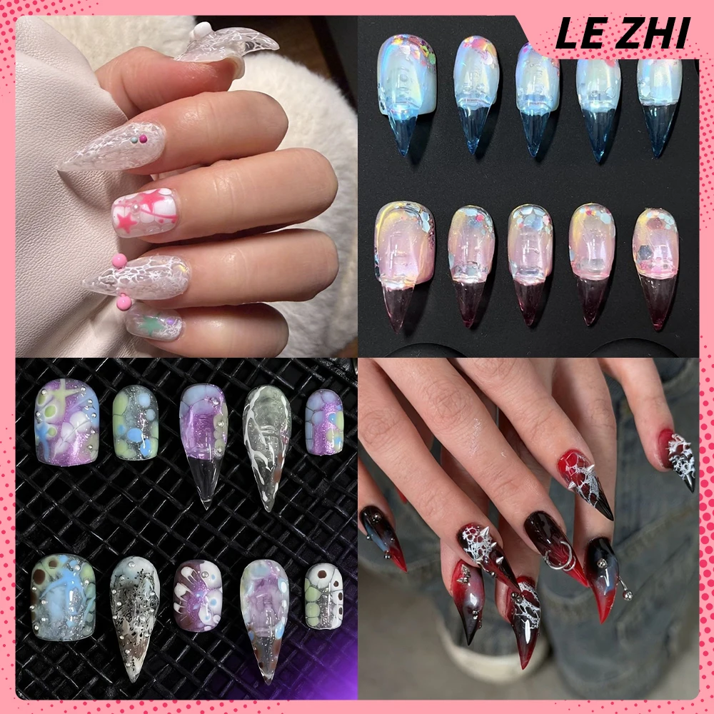 

Sweet Cool Colorful Beast Claw Handmade Press On Nails Spicy Girl Pearl Diamond Rivets Gradients Dragon-Shaped Claw Fake Nails