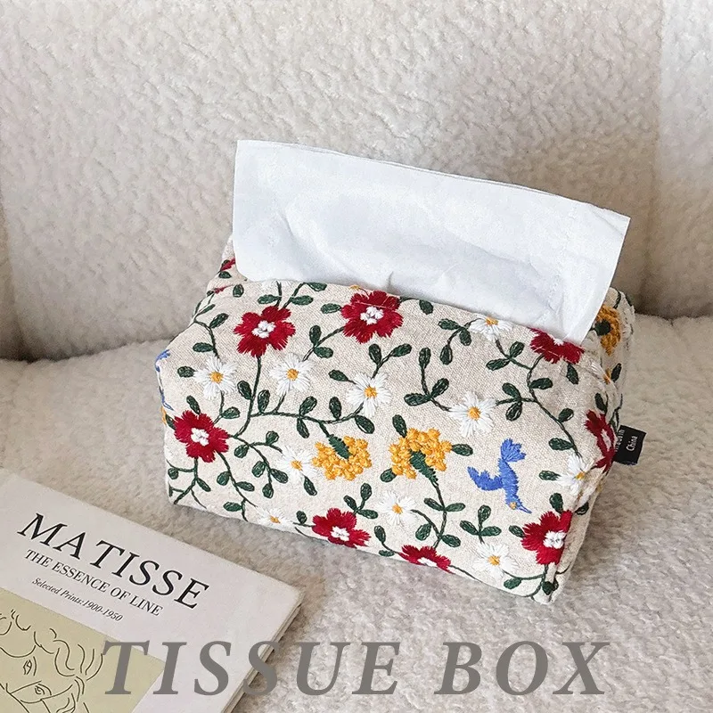 

Ins Embroidered Tissue Cover Home Bedroom Living Room Premium Fabric Tissue Box Cotton and Hemp Tissue Bag Desktop Paper Drawing