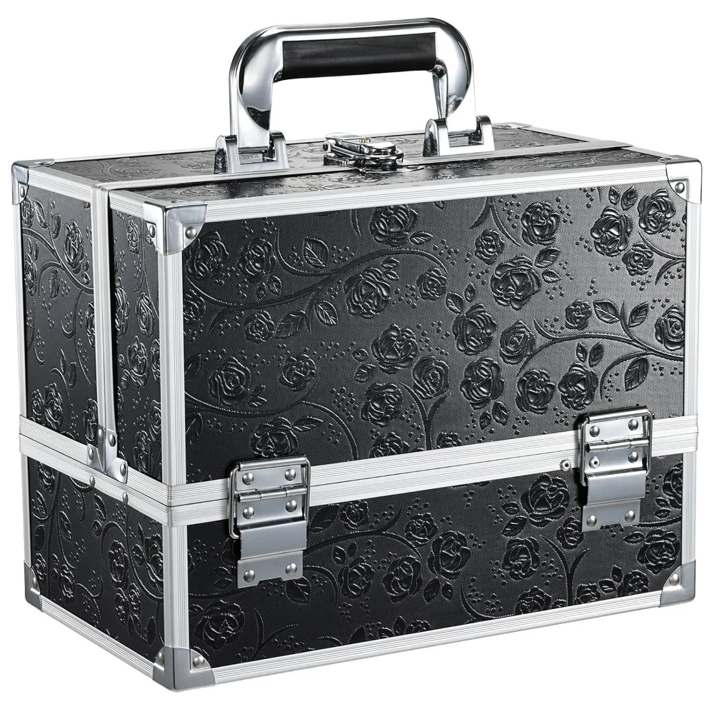 Large 11.8 Inch Makeup Train Case with Mirror, 3 Trays & Locking Storage for Cosmetics Travel Organizer Black Floral