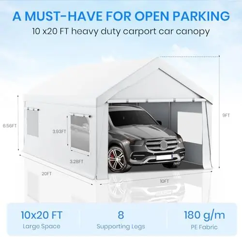 10x20 FT Heavy Duty Carport Canopy with Roll-Up Windows & Doors, Car Tent Portable Garage with All-Season Tarp for