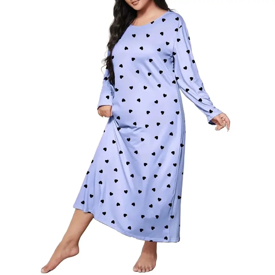 

Plus Size 1XL-5XL Sleep Dress Women's Heart Print Long Sleeve Nightgown Loose Nightdress Home Clothes Spring Summer Pajamas