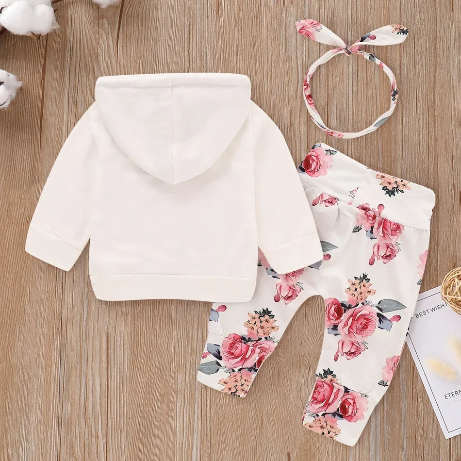 Conjunto de ropa para niña pequeña, Sudadera con capucha y bolsillo blanco, pantalones con estampado Floral y Diadema, Moda de Primavera para recién